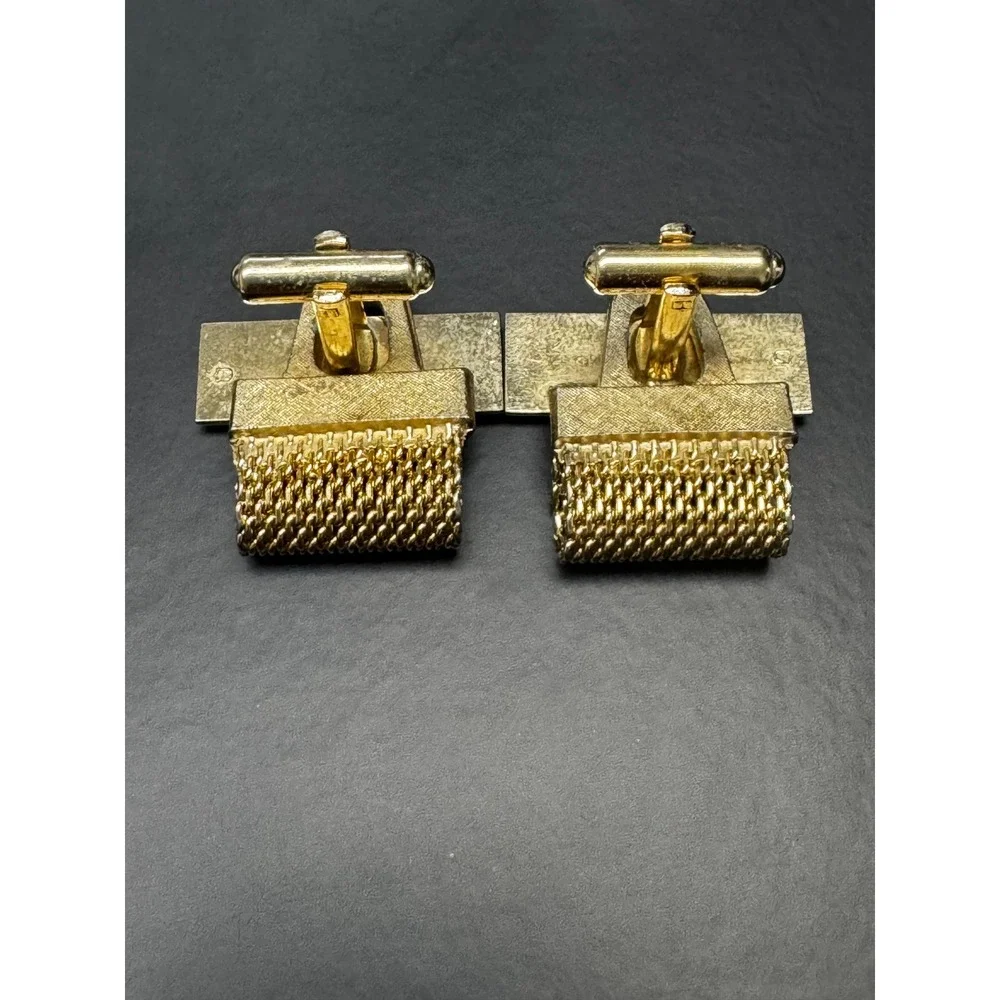 Vintage Hickok USA Gold Tone Mesh Wrap Cufflinks Brown Leather Inlay Mid-Century